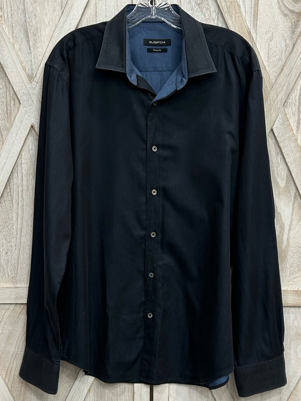 Bugatchi Mens Hirt Shaped Fit Black Blue Dress Shirt Large Blue Contrast Collar